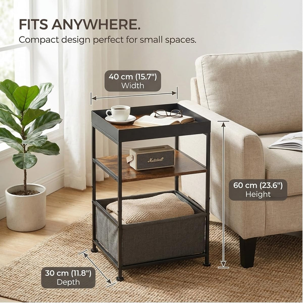 Industrial Narrow Side Table with Storage, 3 Tier End Table with Fabric Bin & Tray Top for Living Room, Narrow Nightstand Slim Bedside Table for Bedroom, Small Spaces, Rustic Brown