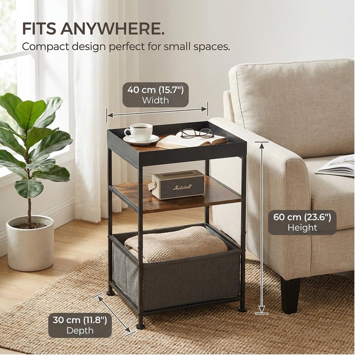 Industrial Narrow Side Table with Storage, 3 Tier End Table with Fabric Bin & Tray Top for Living Room, Narrow Nightstand Slim Bedside Table for Bedroom, Small Spaces, Rustic Brown