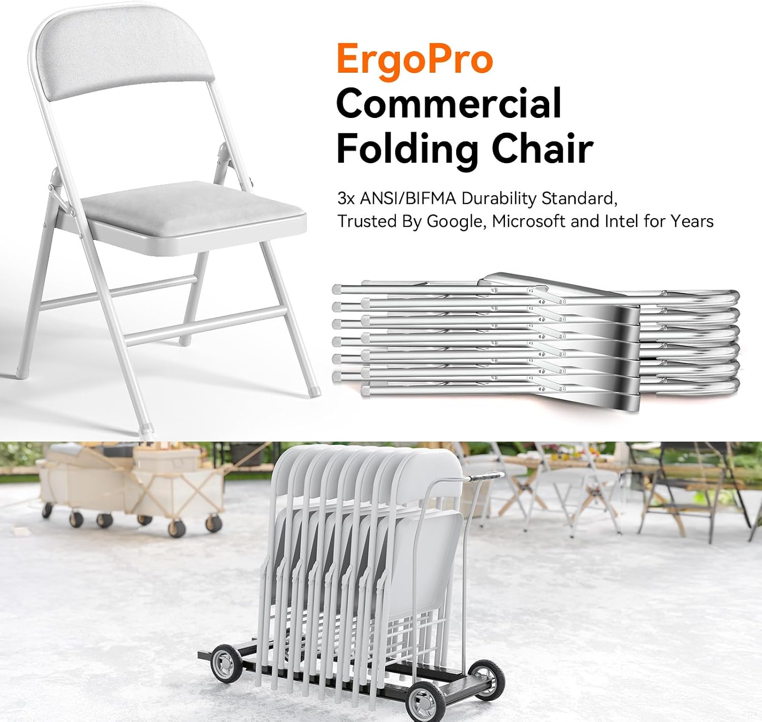 1 Pack Folding Chairs with Cushion Padded - Metal Chairs w/Comfortable Seats and Durable Steel Frame Foldable Chair for Indoor Outdoor Wedding, Party, Backyard & Office Events (White, 1 Pack)