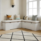 L-Shaped Kitchen Breakfast Nook Bench with Hidden Storage Space, White and Walnut Colors, Backless Wood Corner Bench with Cushion Seat, 63IN x 15.7IN x17.7IN(Two Packages Delivered)
