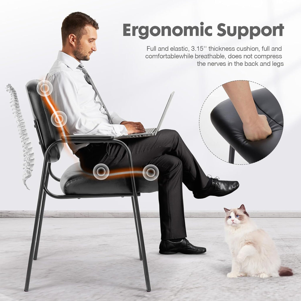 NEWBULIG Waiting Room Chair Set of 4, Leather Stationary Office Guest Reception Chairs No Wheel,Comfy Padded Arms,for Conference Room Lobby Side breakroom