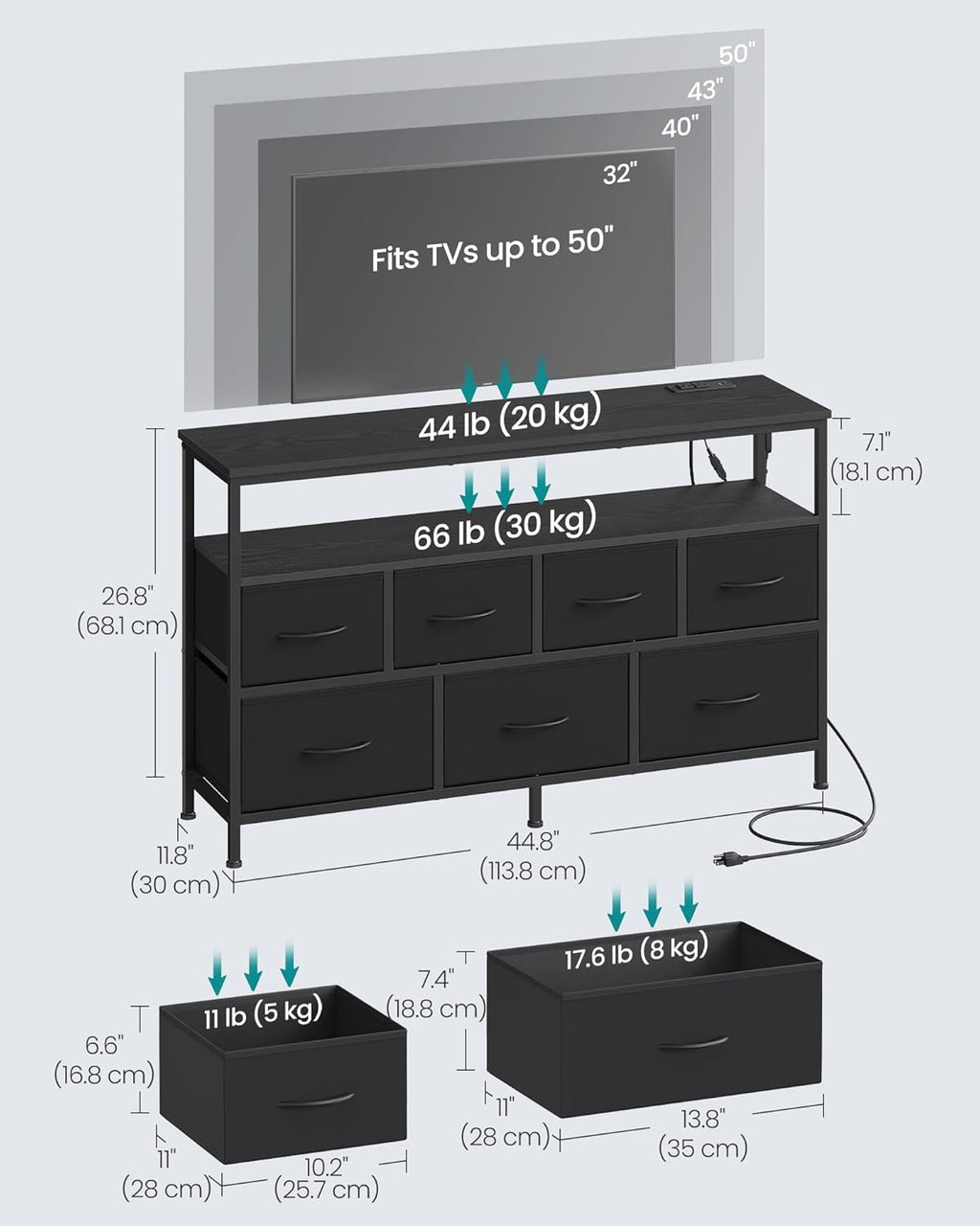 SONGMICS BELLAH Collection - Dresser for Bedroom with App-Controlled LED Lights and Charging Station, Chest of Drawers, TV Stand, 7 Drawers, Shelf, Modern, Ink Black ULGS733BH02S