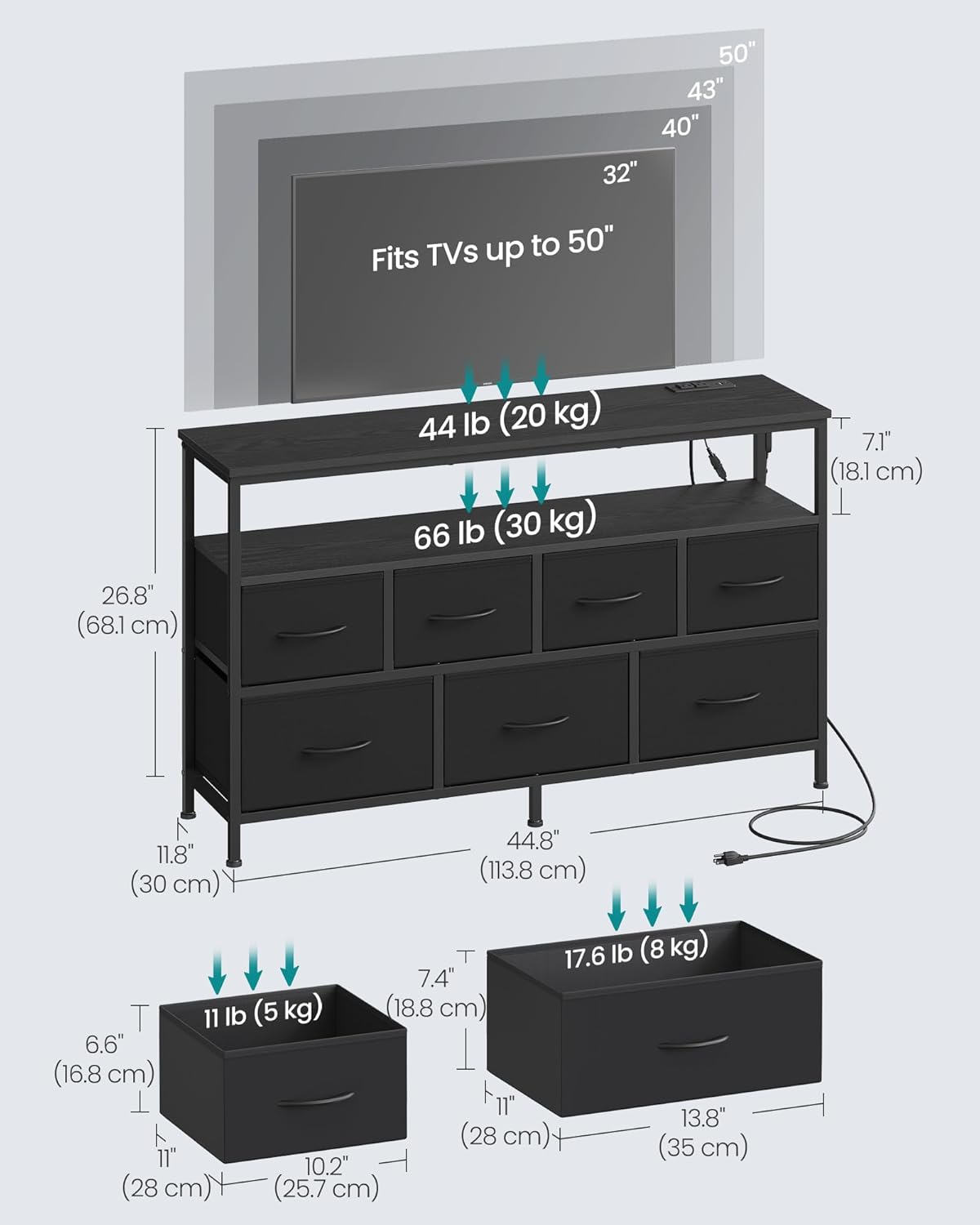 SONGMICS BELLAH Collection - Dresser for Bedroom with App-Controlled LED Lights and Charging Station, Chest of Drawers, TV Stand, 7 Drawers, Shelf, Modern, Ink Black ULGS733BH02S