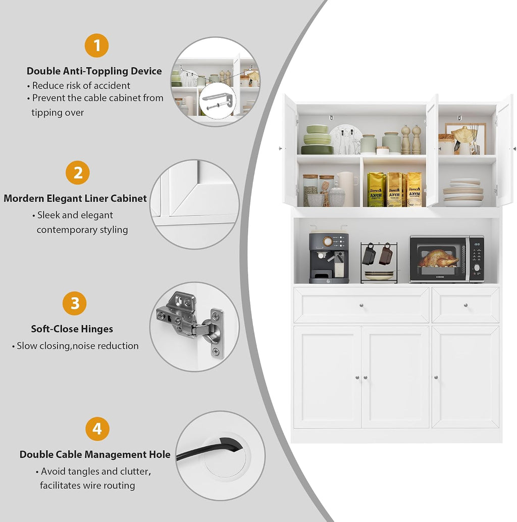 BOTLOG 72" Kitchen Pantry Cabinet, Kitchen Hutch with Microwave Stand, Buffet Cabinet with Hutch for Dining Room, White