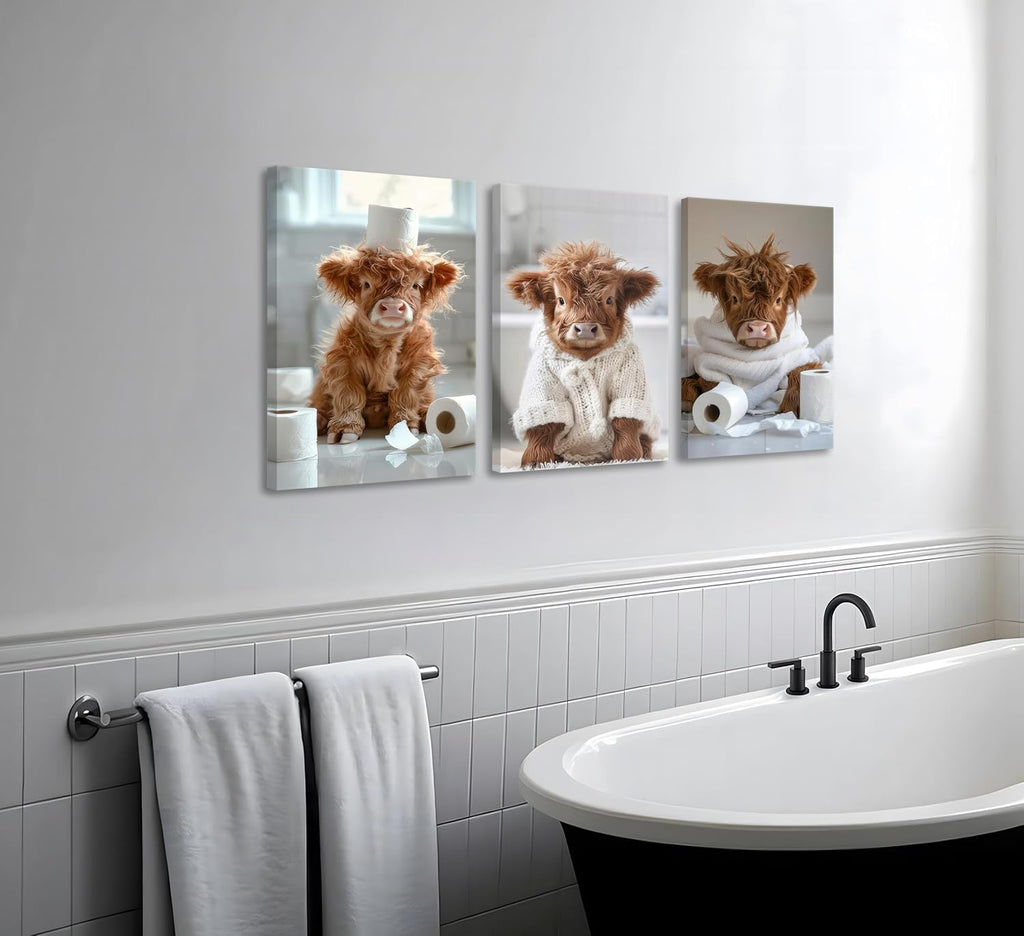 3Pcs Funny Highland Cow Bathroom Canvas Wall Art Brown Cute Animal Picture Wall Decor Cow Baby Rustic Farmhouse Poster Print Artwork for Children's Room Nursery Bathroom Restroom Home Decoration