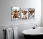 3Pcs Funny Highland Cow Bathroom Canvas Wall Art Brown Cute Animal Picture Wall Decor Cow Baby Rustic Farmhouse Poster Print Artwork for Children's Room Nursery Bathroom Restroom Home Decoration