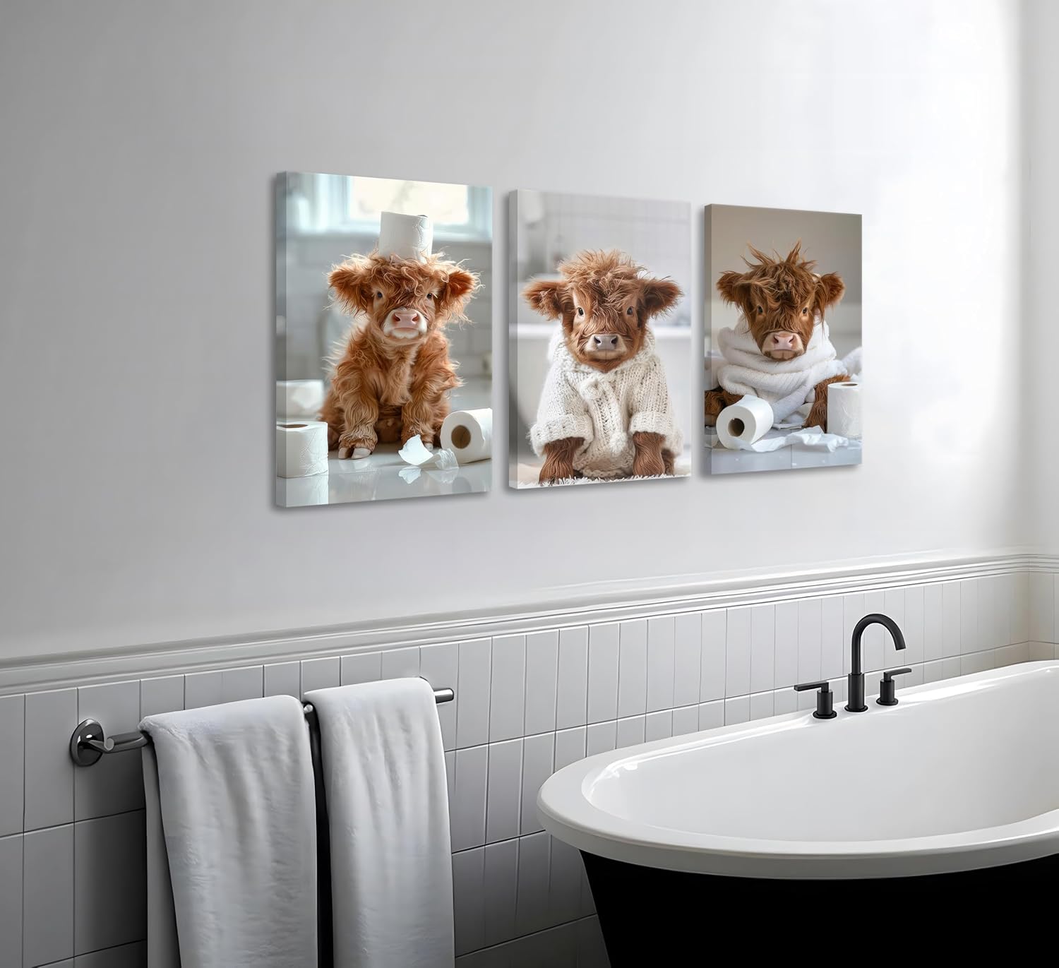 3Pcs Funny Highland Cow Bathroom Canvas Wall Art Brown Cute Animal Picture Wall Decor Cow Baby Rustic Farmhouse Poster Print Artwork for Children's Room Nursery Bathroom Restroom Home Decoration