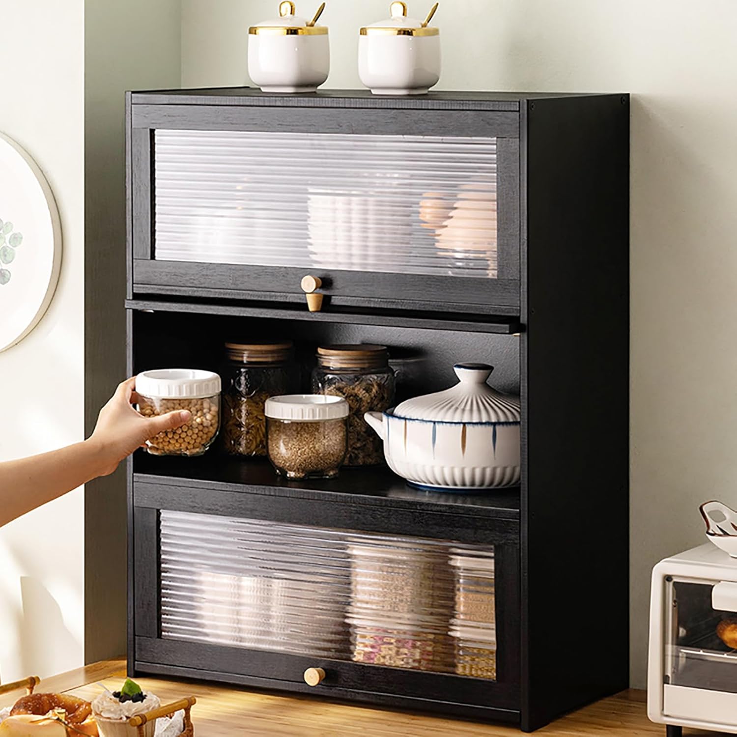 3 Tier Kitchen Pantry Storage Cabinet with with 2 Sliding Striped Glass Doors Console Dining Cupboard Modern Freestanding Bamboo Sideboard for Dining Room Kitchen Black (20.5x9.8x27.5inch)