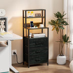 Furnulem Night Stand Set 2 with Charging Station, 46" Black Bedside Table | RGB LED Lights, 4-Tier Storage Shelves & 3 Fabric Drawers, Metal Frame, Wood Desktop, Easy Assembly for Bedroom Hallway Dorm