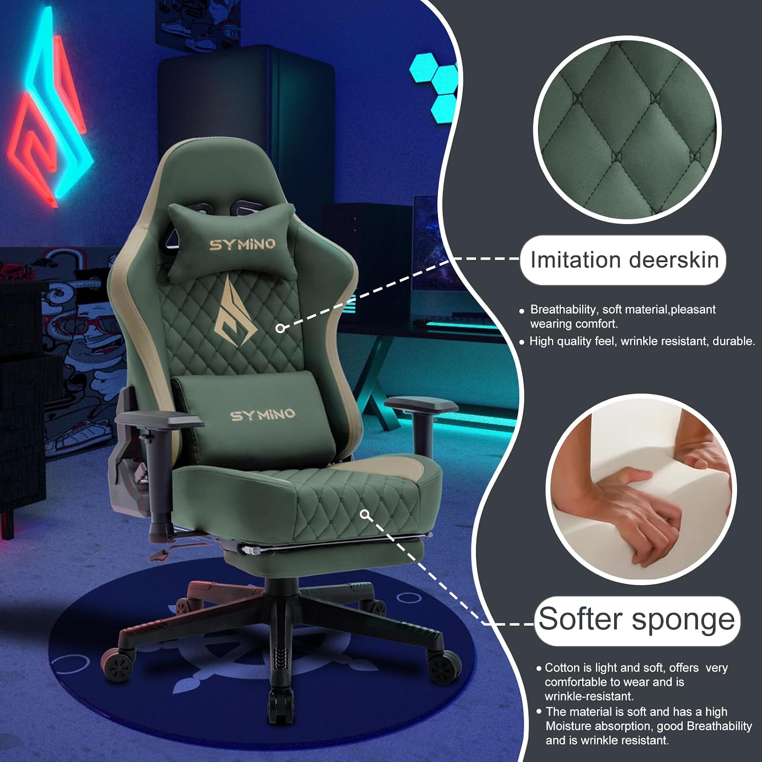 Symino Gaming Chair with Foot Rest, 2D Armrests PU Leather High Back Ergonomic Office Chair, 150° Recline Computer Desk Chair, Diamond Stitching, Green