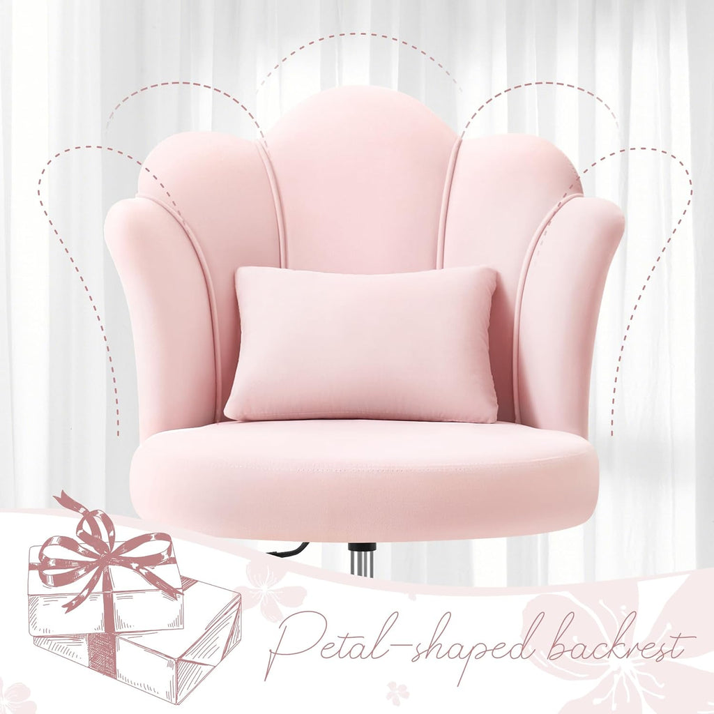 BestGlory Petal Vanity Chair with Wheels, 3.15" Extra Thick Comfy Makeup Chair, Adjustable Modern Swivel Armless Desk Chair for Girls Women, Aesthetic Small Office Chair for Bedroom Dorm, Pink