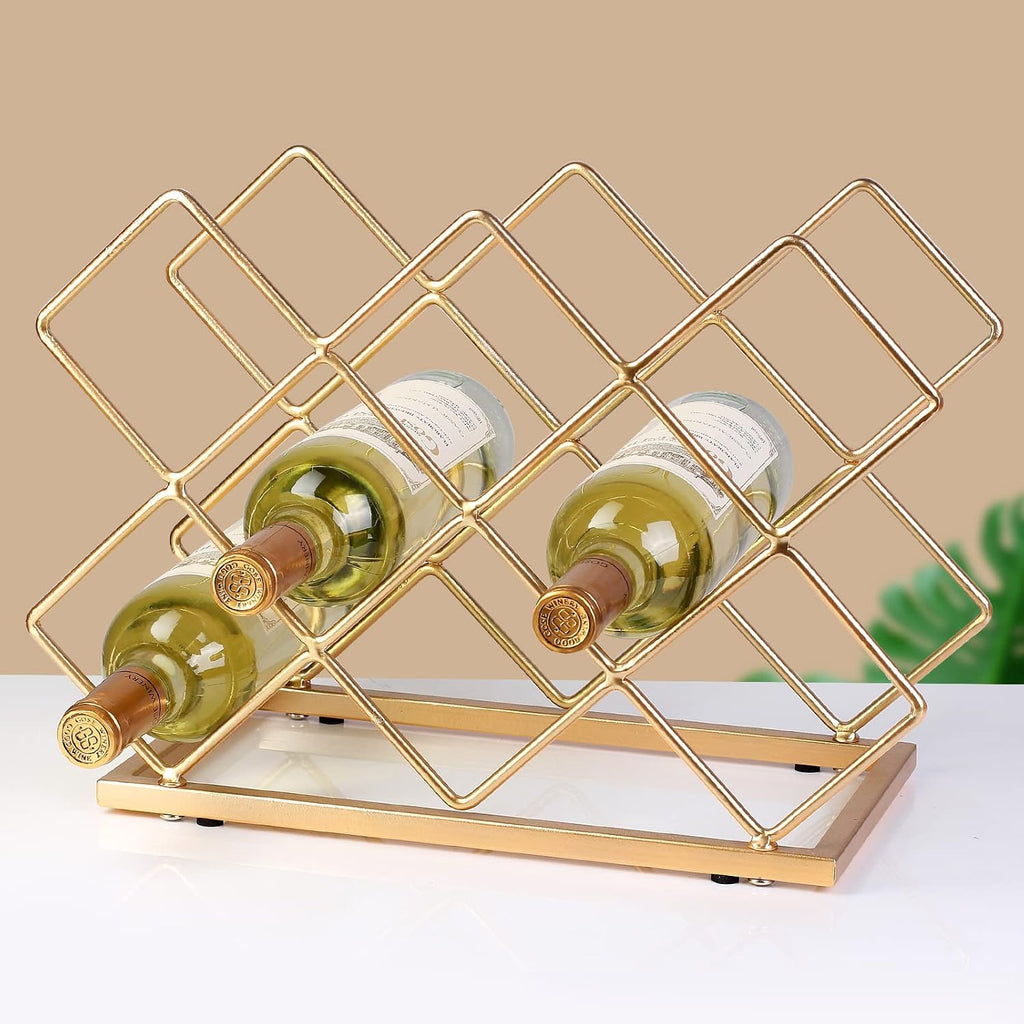 Countertop Wine Rack - 10 Bottle Freestanding Modern Gold Metal Small Wine Rack - Tabletop Wine Holder Stand for Cabinet, Pantry, Wine Bottle Storage…