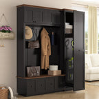 59"W Black Hall Tree Entryway Storage Bench with Extra Large Side Storage, 78.7"H Wooden Coat Shoe Rack Organizer with Hooks, Cabinets and 4 Drawers for Hallway, Entryway, Living Room or Mudroom