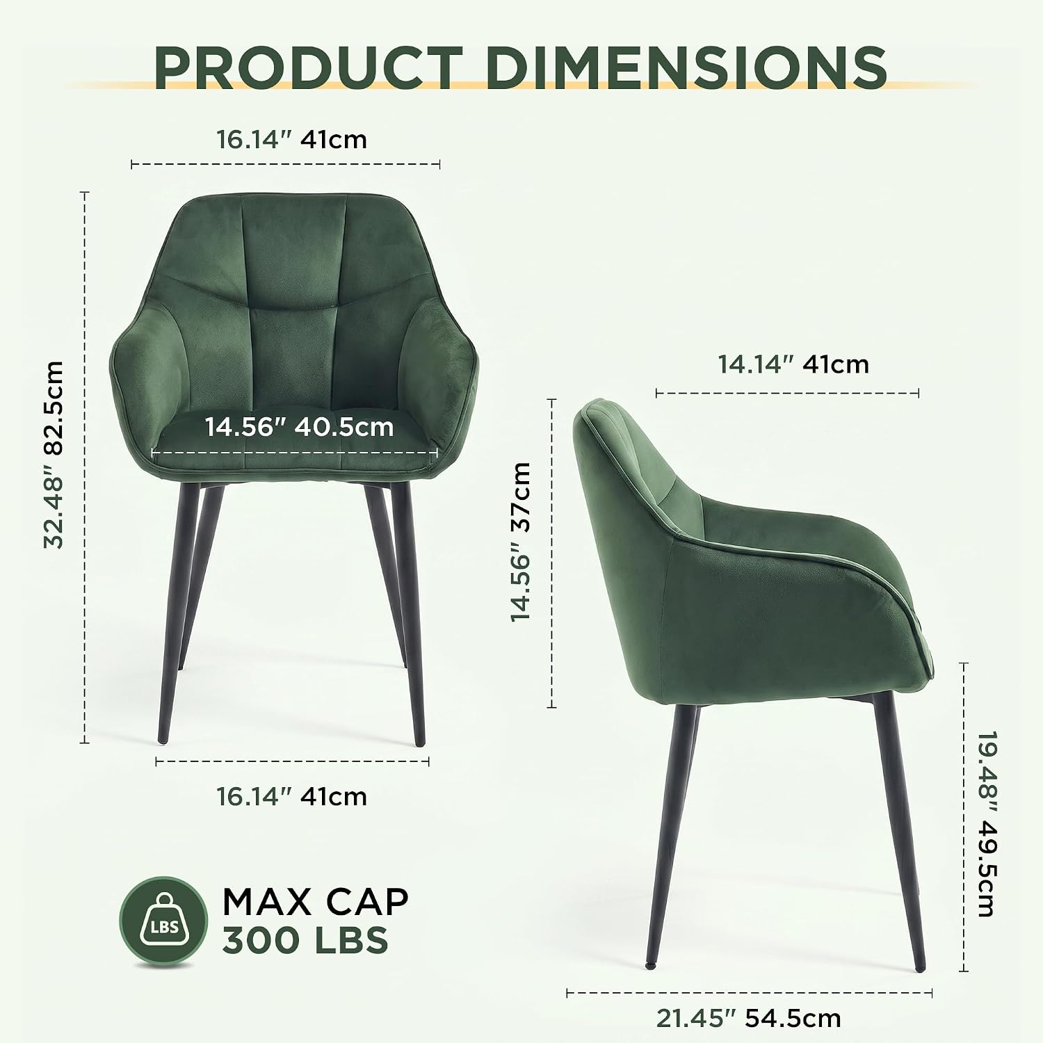Modern Green Velvet Dining Chairs, Upholstered Tufted Side Chairs with Arms Set of 2, Black Metal Legs, Accent Arm Chairs for Kitchen, Dining Room, Living Room (Green)