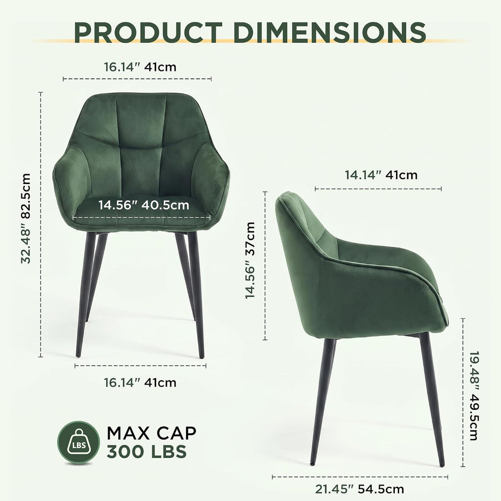 Modern Green Velvet Dining Chairs, Upholstered Tufted Side Chairs with Arms Set of 2, Black Metal Legs, Accent Arm Chairs for Kitchen, Dining Room, Living Room (Green)