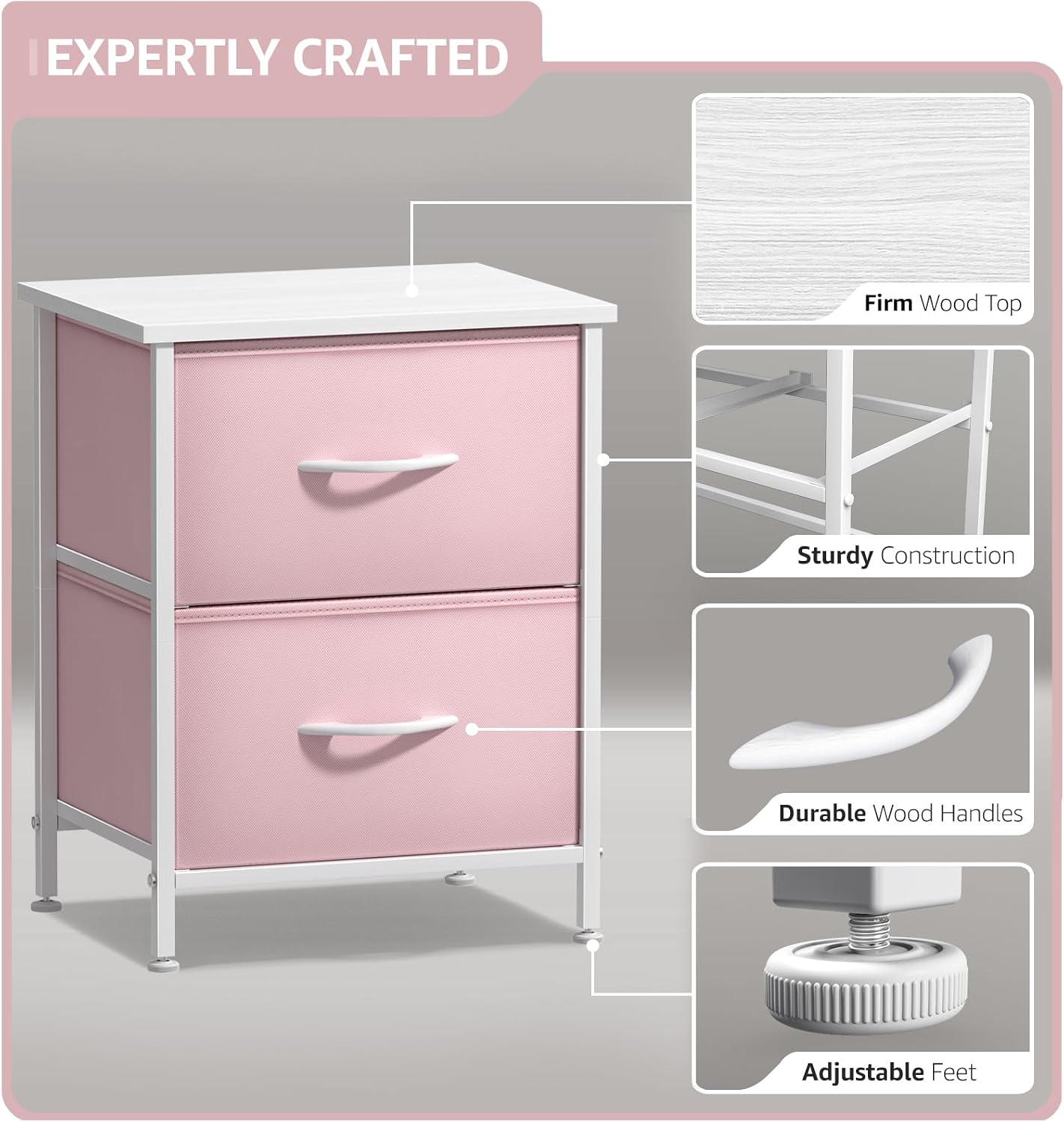 Sorbus Nightstand with 2 Drawers - Kids Bedside Furniture End Table Night Stand - Steel Frame, Wood Top & Easy Pull Fabric Bins - Dresser & Chest for Home, Bedroom Accessories, Office & Dorm (2 Pack)