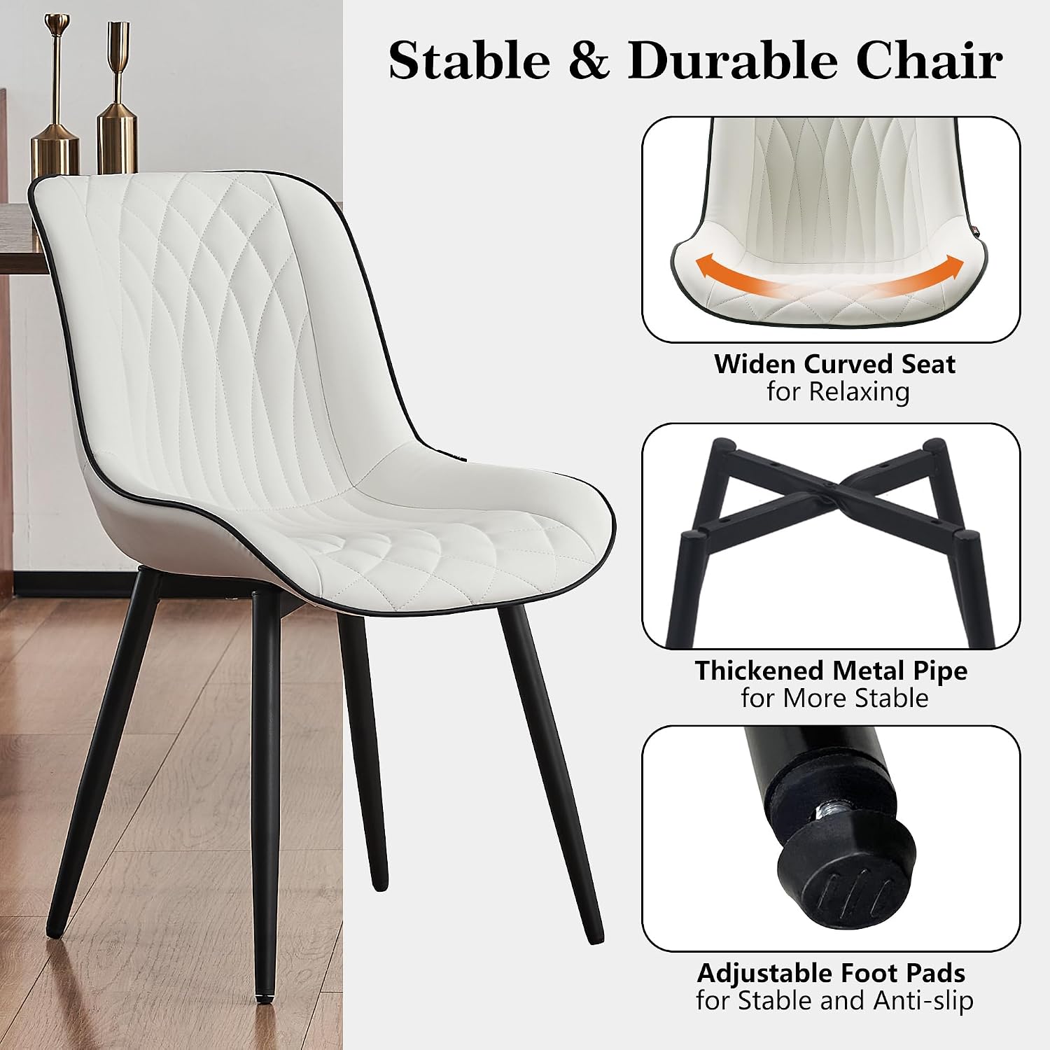 Rowill Dining Chairs Set of 2 Modern Faux Leather Kitchen Chairs with Thickened Metal Frame, Scratch-Resistant Upholstery,Widened Seat & Adjustable Anti-Slip Pads, Cushioned Backrest for Kitchen,White