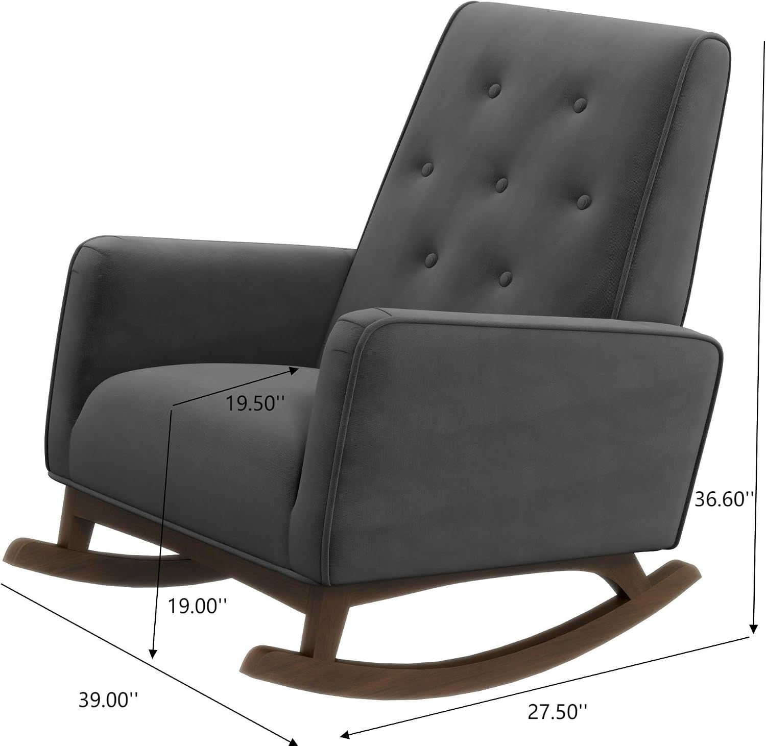 Rocking Chair, Nursery Chair, Stain Dark Grey Fabric Glider Chair, Solid Wood Frame Accent Rocker for Living Room, Bedroom, Reading, 300 lb Capacity, 36.6 in H