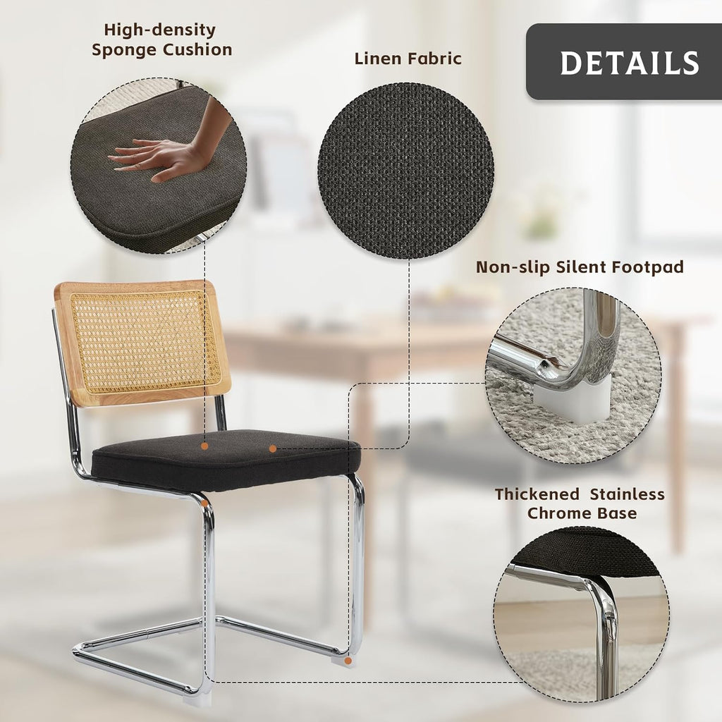 Rattan Dining Chairs Set of 4,Upholstered Mid-Century Modern Dining Room Chairs with Cane Backrest,Retro Linen Kitchen Chairs with Stainless Chrome Base,Black