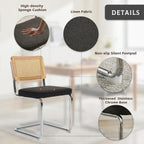 Rattan Dining Chairs Set of 4,Upholstered Mid-Century Modern Dining Room Chairs with Cane Backrest,Retro Linen Kitchen Chairs with Stainless Chrome Base,Black