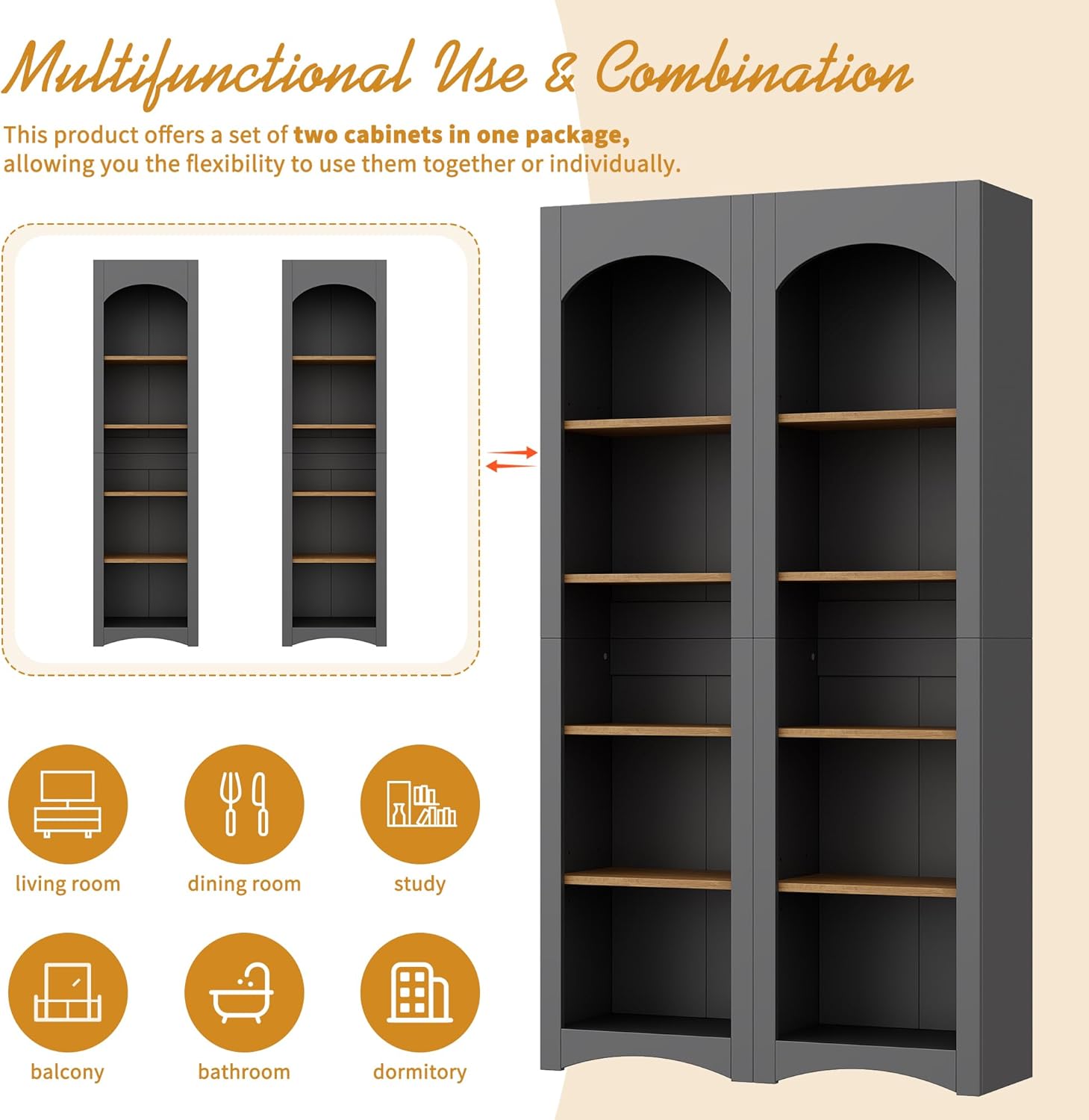 Freestanding Corner Kitchen Pantry with 4 Shelves, Traditional, Rectangular Storage Cabinet, for Living Room, Dining Room, Gray