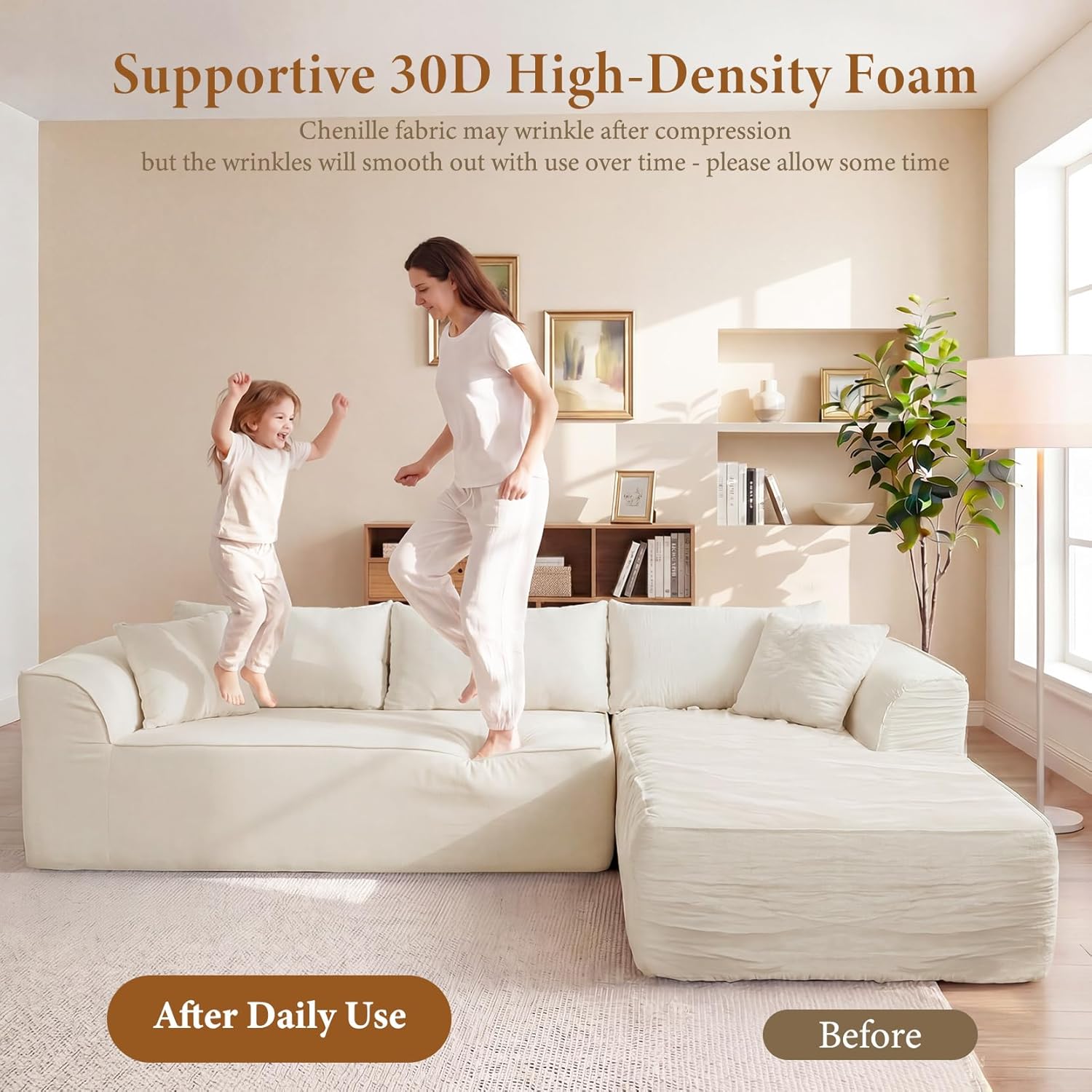 Vesgantti 106" Cloud Sectional Couch with Chaise, Deep Seat Modular Sectional Sofa Chenille Memory Foam Sofa Boneless Couches for Living Room Bedroom, No Assembly Required (Beige, Right-Facing Chaise)