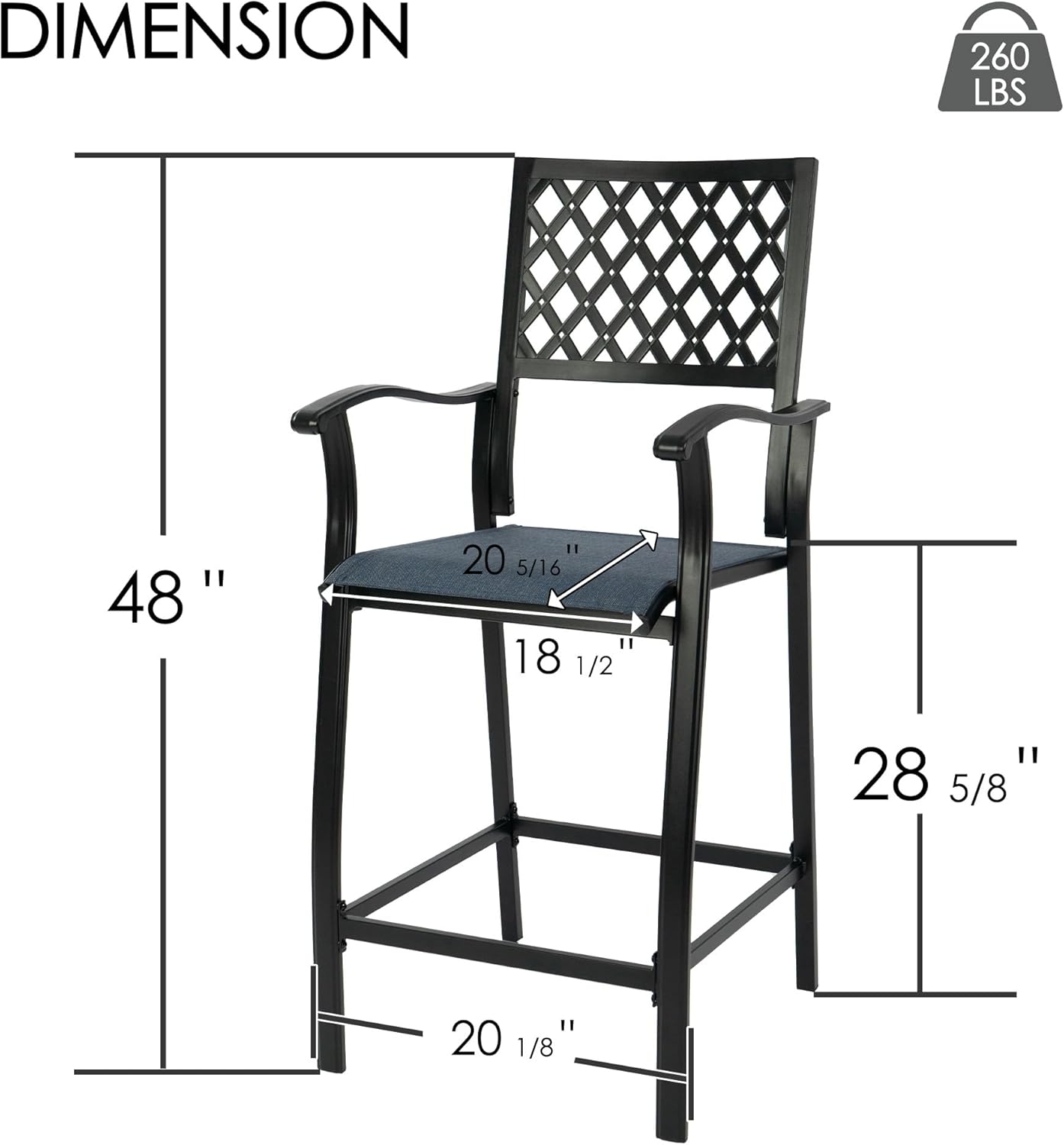 Kozyard Outdoor Counter Height Bar Stools Set of 2, Patio Bar Chairs with Wrought Iron Frame & Textilene Fabric, Outdoor Dining Chairs for Patio, Poolside, Backyard Navy Blue