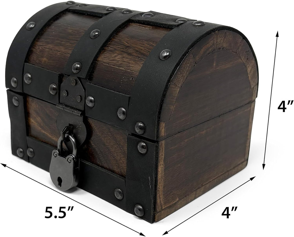 Nautical Cove Handmade Wooden Treasure Chest Storage Box – Deluxe Design with Real Leather Accents, Working Iron Lock & Skeleton Keys, Decorative Keepsake Chest (X-Small - 5.5 x 4 x 4)