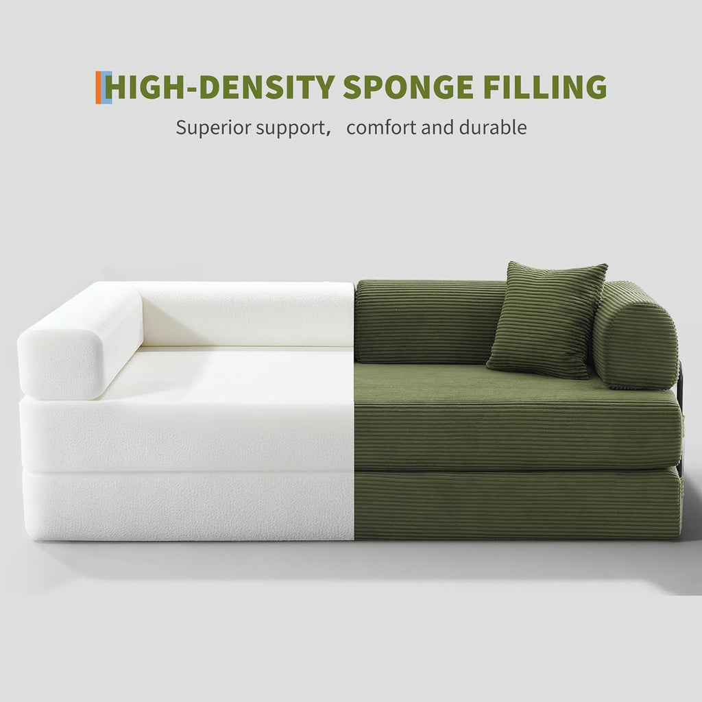GarveeHome 79" Convertible Sleeper Sofa Bed Couch, 4-in-1 Boneless Corduroy Folding Sofa Bed with Pillow & Fixed-Shape, Floor Mattress Couch Loveseat for Living Room Apartments - No Assembly, Green