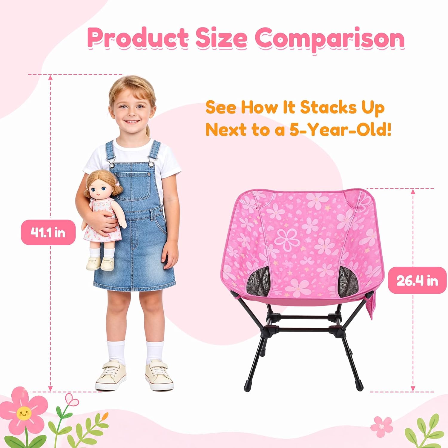Kids Camping Chair, Kids Beach Chair, Flowers, Carry Bag | Lightweight kids folding chair for camping and beach adventures, perfect as a toddler beach chair with durable steel frame.
