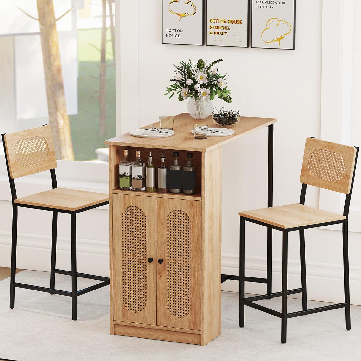 COSTWAY 3-Pcs Kitchen Table & Chairs Set, High Top Bar Table with 2 Stools, Storage, Adjustable Shelf, Metal Frame, Counter Height Dining Room Set for 2, Boho Rattan Table Set for Living Room, Study