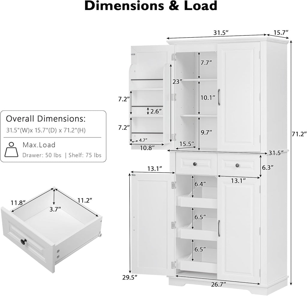 Kitchen Pantry with 3 Pull Out Cabinet Organizers, Farmhouse Freestanding Storage Cabinet with 6 Door Shelves and 2 Drawers for Kitchen, Dining Room (White)