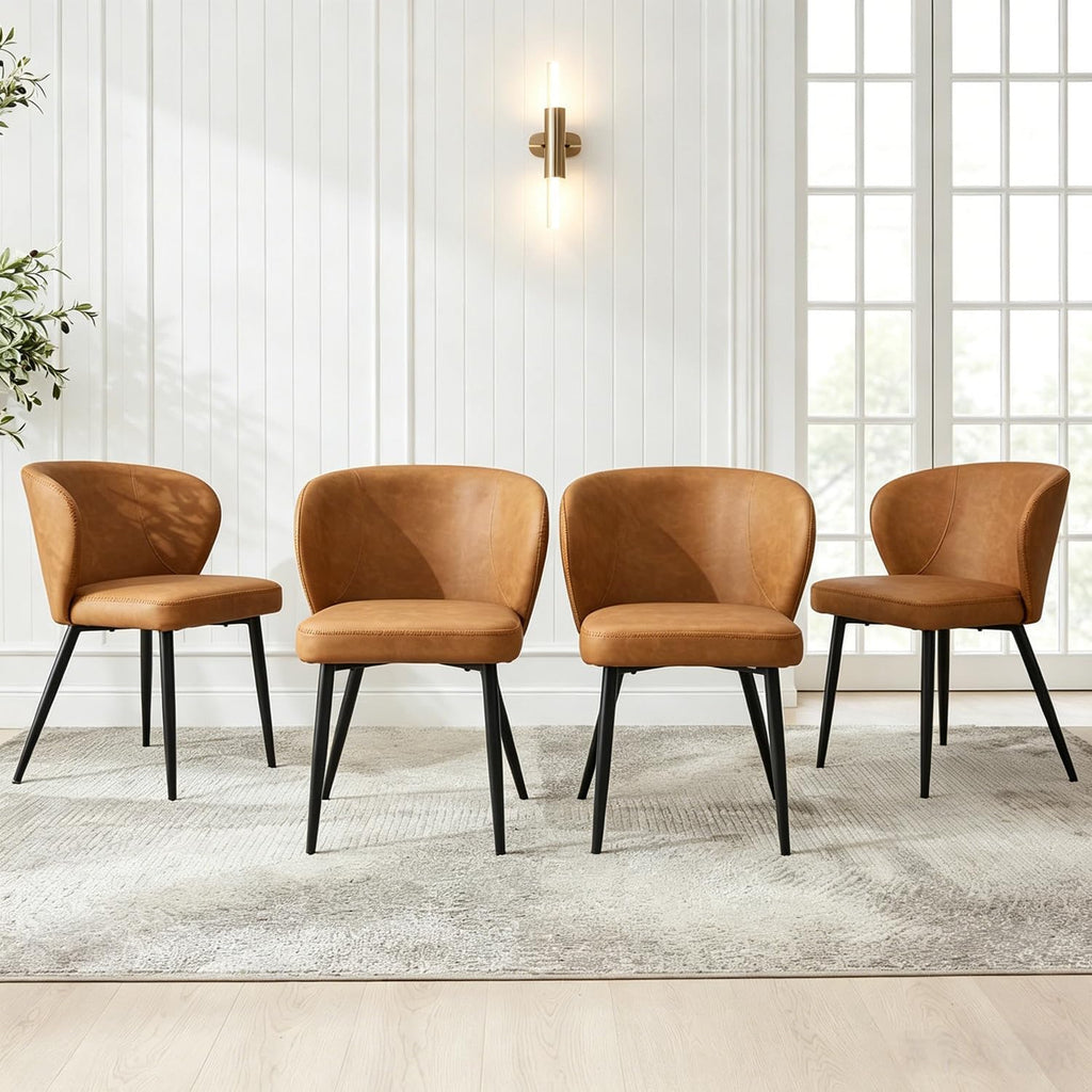 Brown Leather Dining Chairs Set of 4, Sturdy Metal Legs, High-Resilience Sponge, Non-Scratch Pads, for Kitchen, Dining Room, Living Room