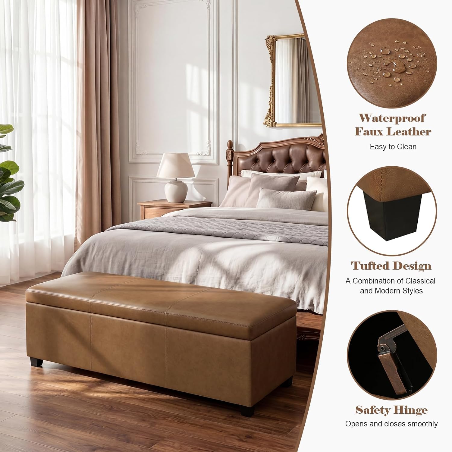 Homebeez 46" Faux Leather Storage Ottoman,End of Bed Bench,Upholstered Ottoman Bench with Storage for Living Room,Bedroom,Entryway
