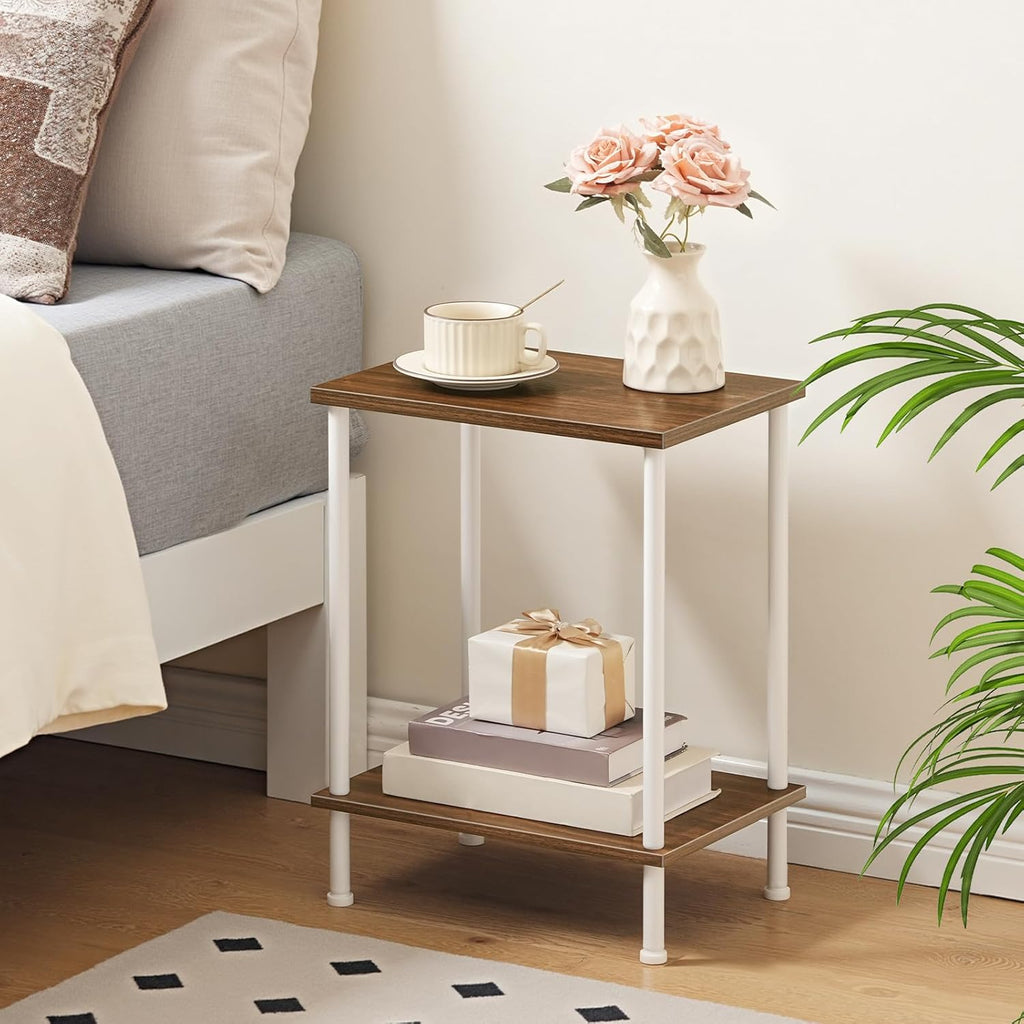 HOOBRO End Tables Set of 2, Small Side Table, Nightstand with 2-Layer Storage Shelves, Sofa Table for Small Spaces, Living Room, Bedroom, Stable Frame, Easy Assembly, Walnut and White WH09BZP201