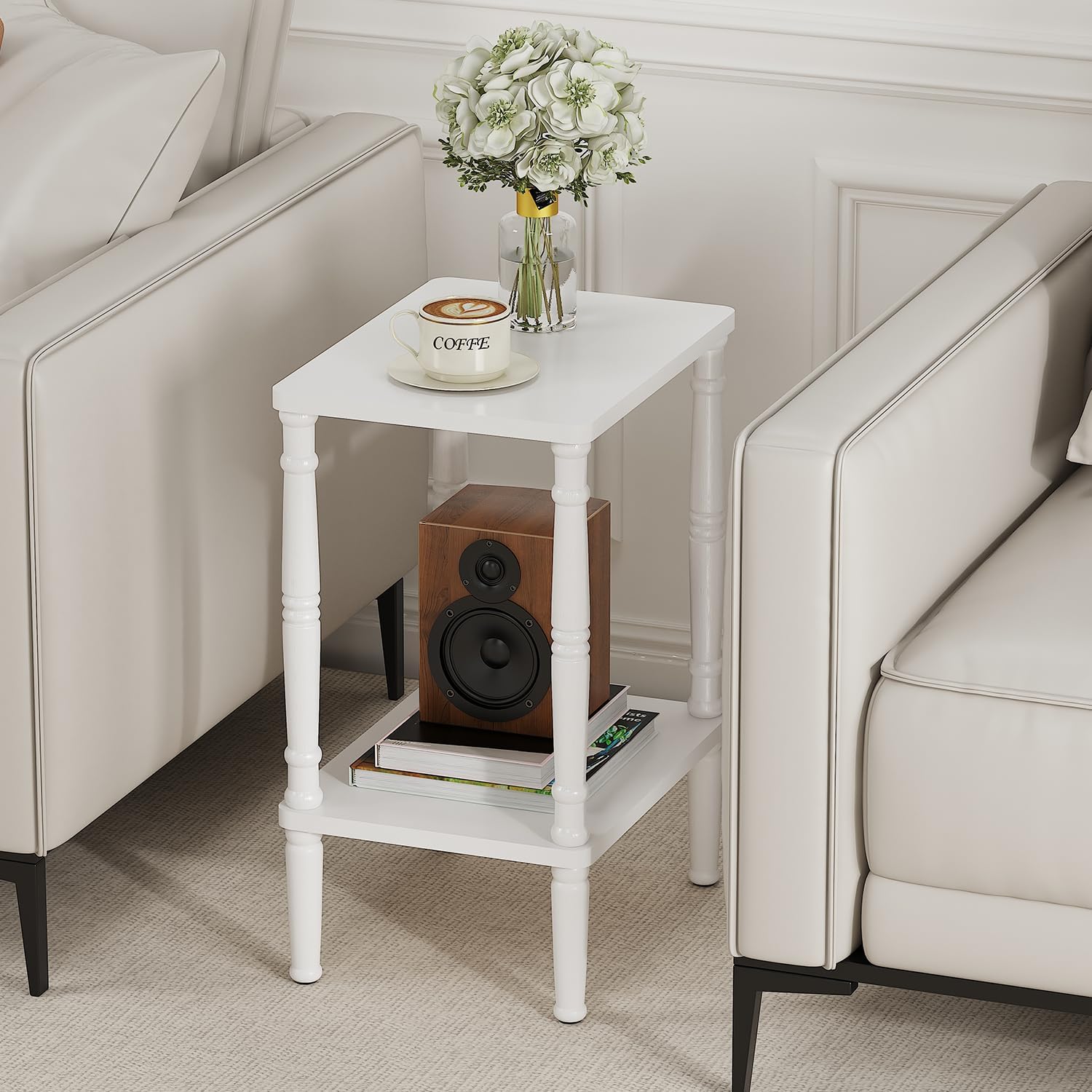 LUCKNOCK Small Side Table for Small Spaces, Vintage End Table, Narrow Couch Side Table with Storage, Skinny Nightstand Bedside Table for Bedroom, Living Room, Farmhouse, No-Tool Assembly. (White)