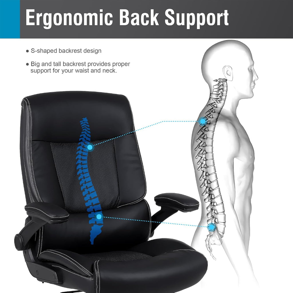 Ergonomic Big and Tall Office Chair, 500LBS PU Leather Executive Desk Chair with Lumbar Support and Flip-up Armrests, High Back, for Home and Office, Black