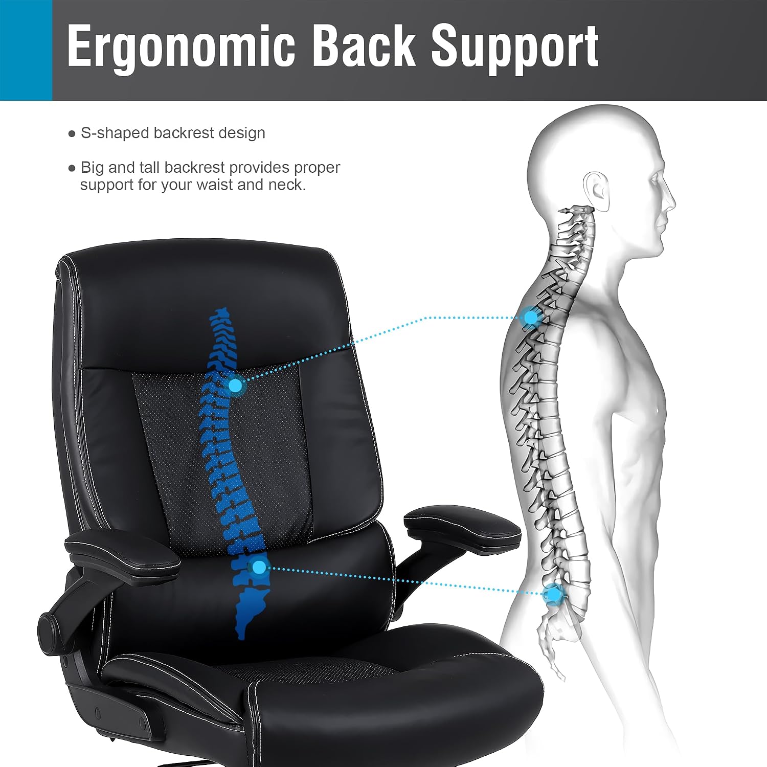 Ergonomic Big and Tall Office Chair, 500LBS PU Leather Executive Desk Chair with Lumbar Support and Flip-up Armrests, High Back, for Home and Office, Black