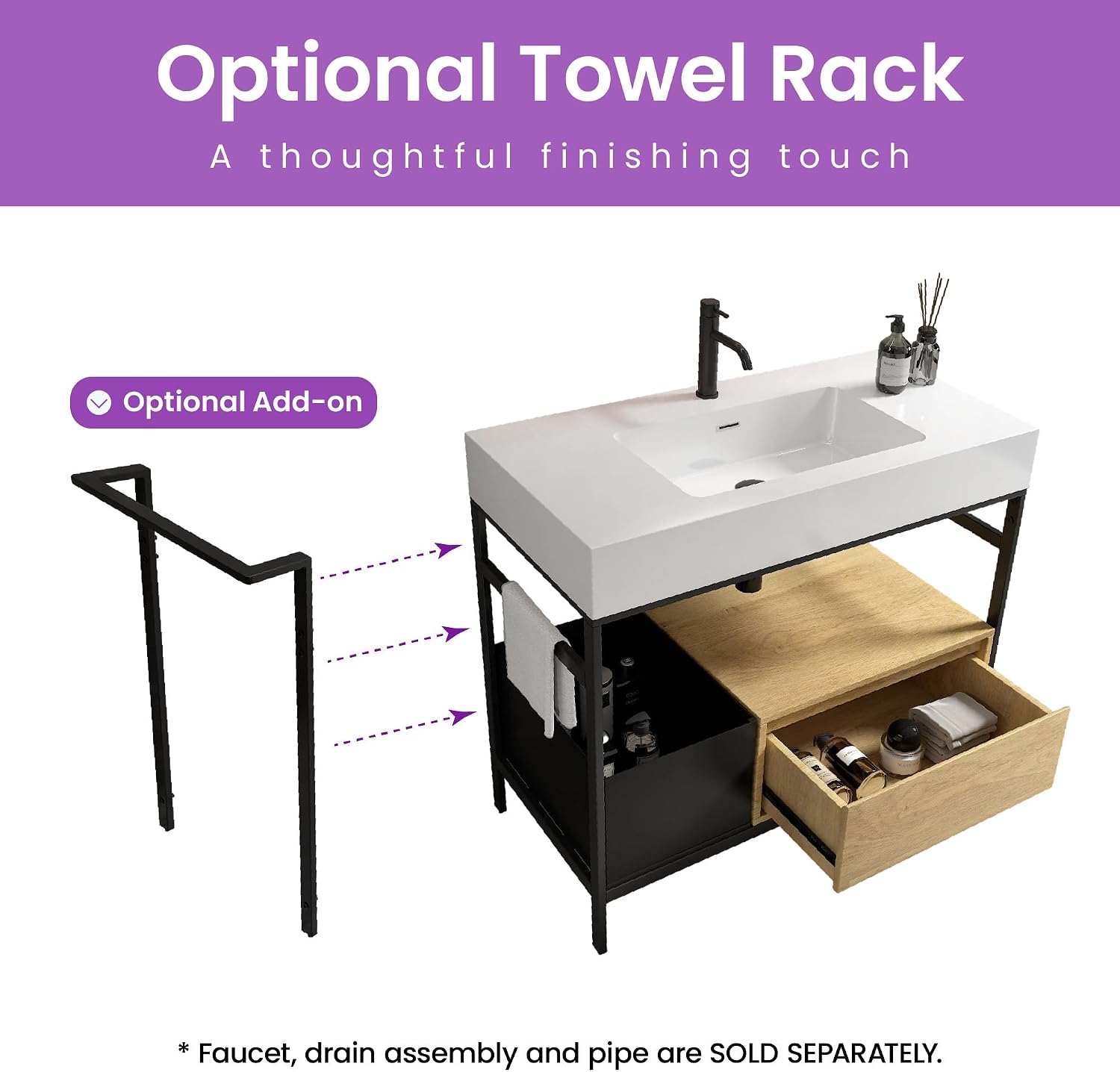 36" Bathroom Console Sink with Metal Legs, Bathroom Vanity with White Sink, Storage Drawer and Metal Basket, Utility Sink for Hotel, Laundry Room, Garage, Basement