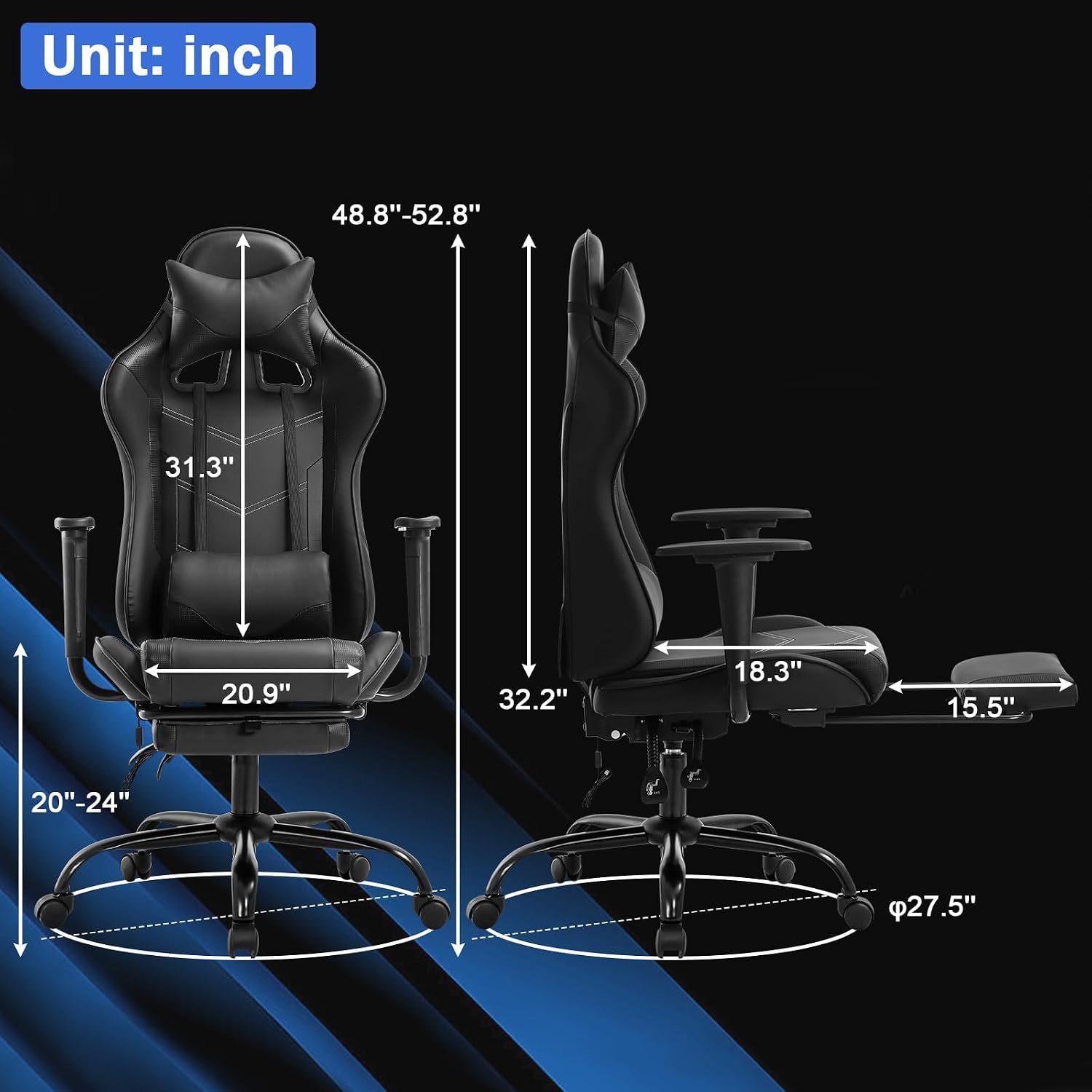 Massage Gaming Chair with Footrest - Ergonomic PC Office Chair with Lumbar Support, Headrest, Armrest - High Back PU Leather Recliner, Heavy Duty Swivel Gamer Chair, Black
