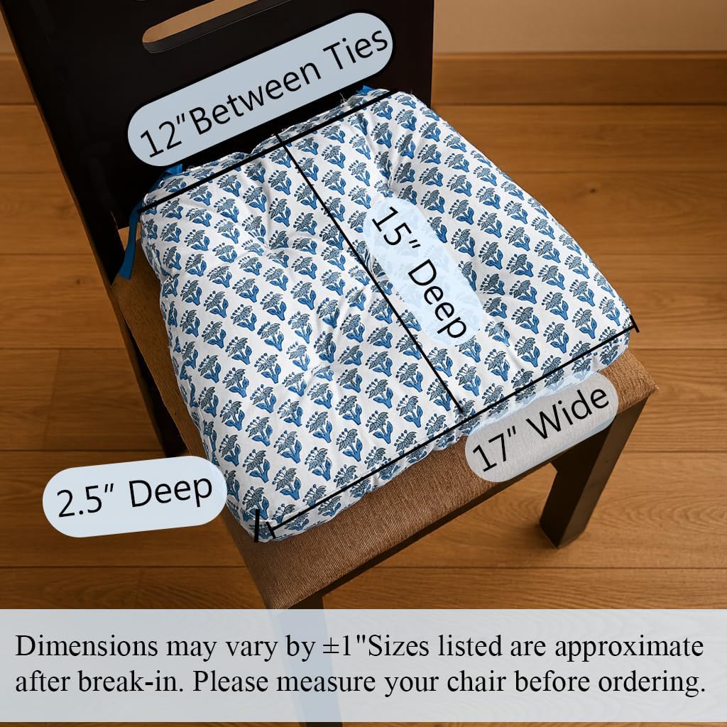 CPC Apatite Blue Hand Block Printed Cotton Chair Cushions Set of 2,Reversible Outdoor/Indoor Chair Pads for Kitchen, Dining Room, Office, Patio Chairs, 16"x15"x4"