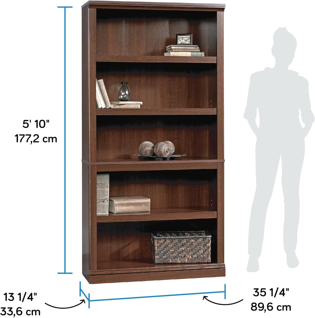 5-Shelf Bookcase with Storage, Classic Cherry Finish Wood Bookshelf for Living Room, Office, or Bedroom