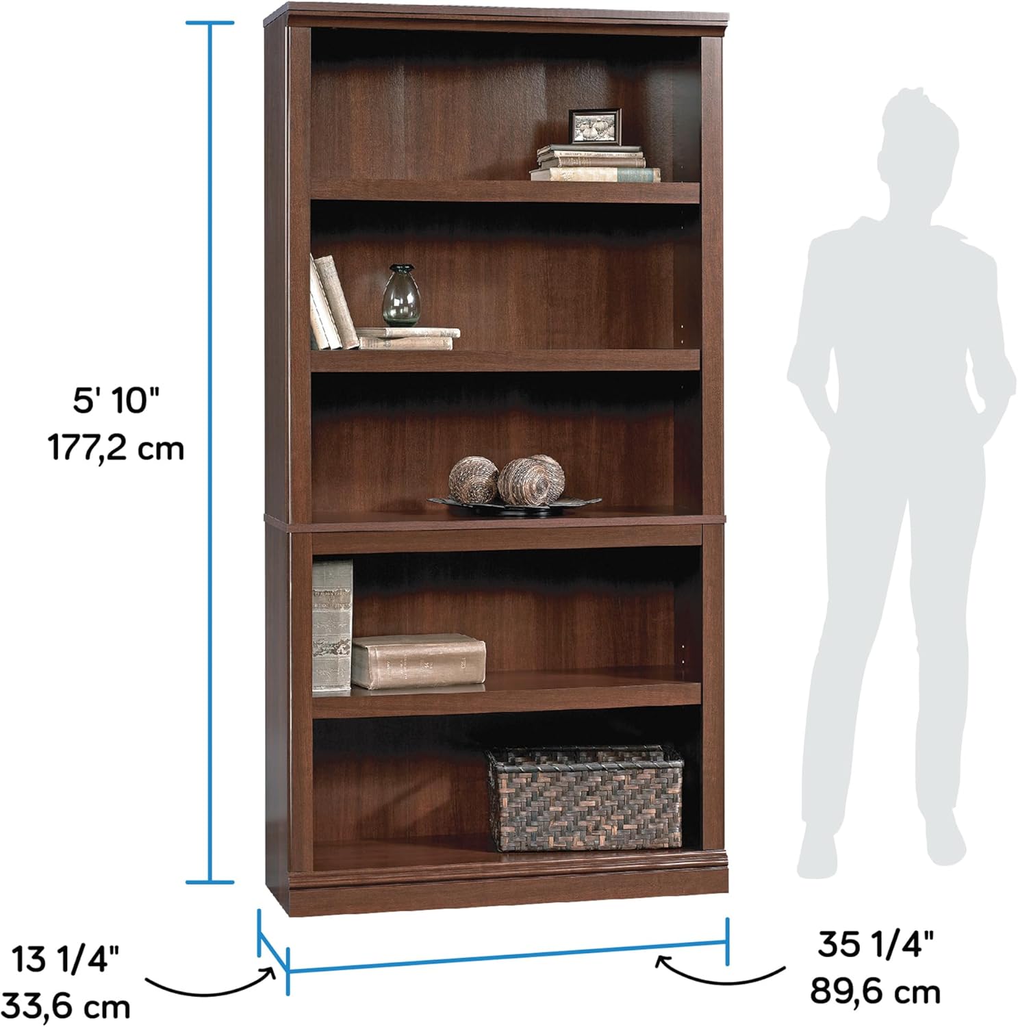 5-Shelf Bookcase with Storage, Classic Cherry Finish Wood Bookshelf for Living Room, Office, or Bedroom