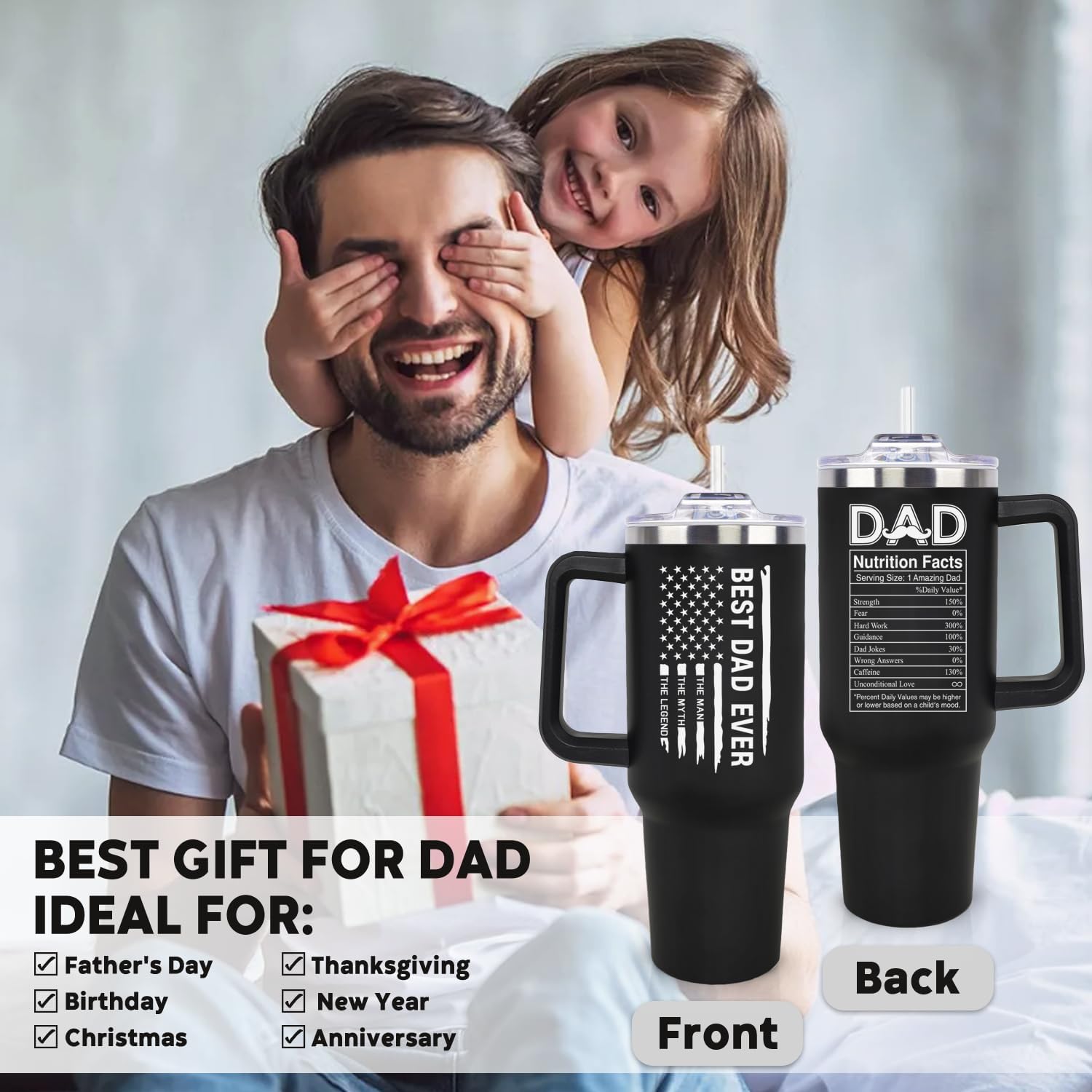 LHSCVUFASC Fathers Day Gift for Dad from Daughter, Son - Birthday Christmas Tumbler Gifts for Husband Dad - Best Ever Dads Gifts Ideas for New Daddy - 40 Oz Stainless Steel Tumbler Coffee Cup
