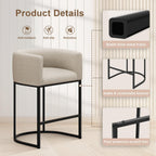 26" H Counter Height Bar Stools Set of 3, Modern Barrel Counter Stools with Backrest and Arms, Linen Fabric Upholstered Accent Barstools for Kitchen Island, Support 450 LBS, Beige