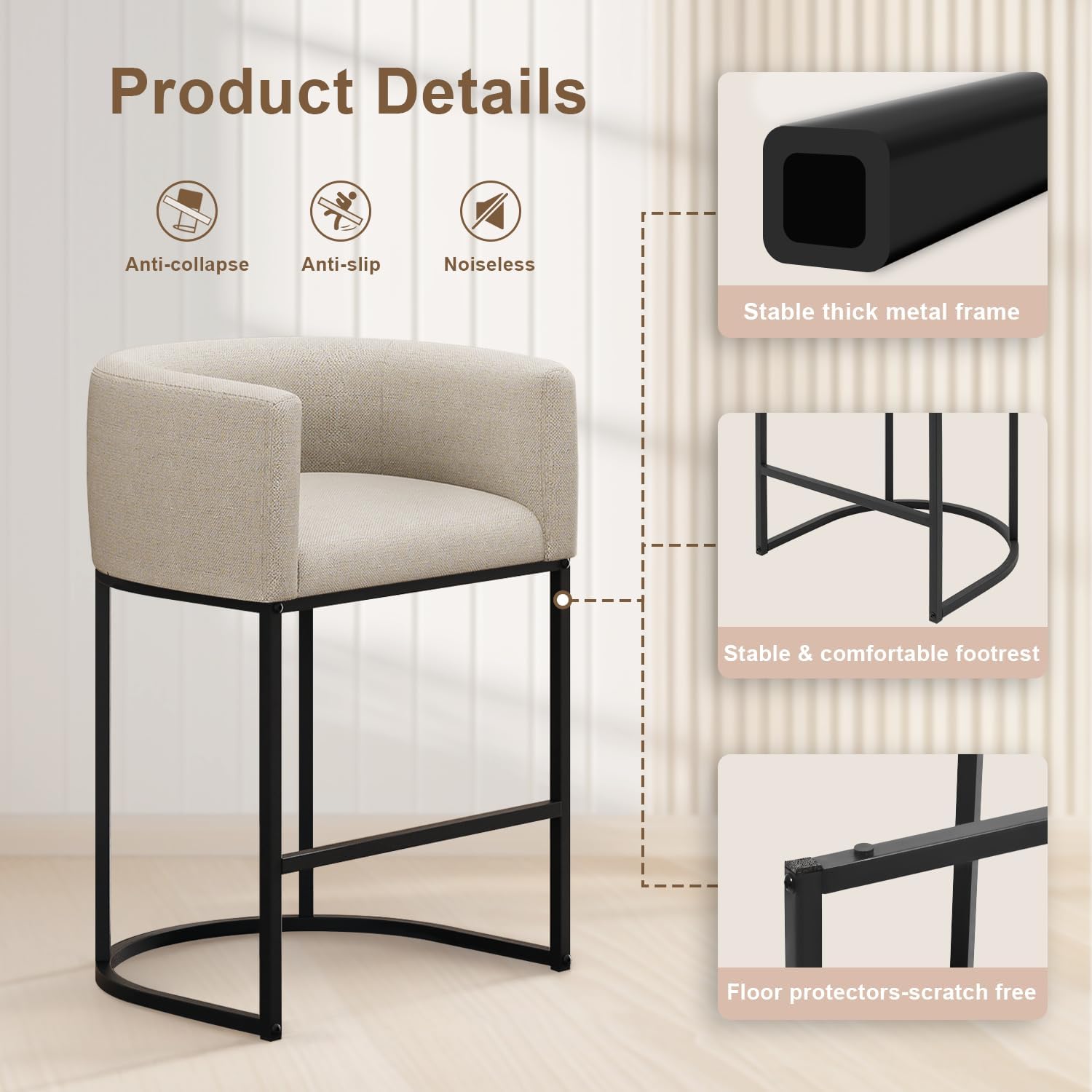 26" H Counter Height Bar Stools Set of 3, Modern Barrel Counter Stools with Backrest and Arms, Linen Fabric Upholstered Accent Barstools for Kitchen Island, Support 450 LBS, Beige