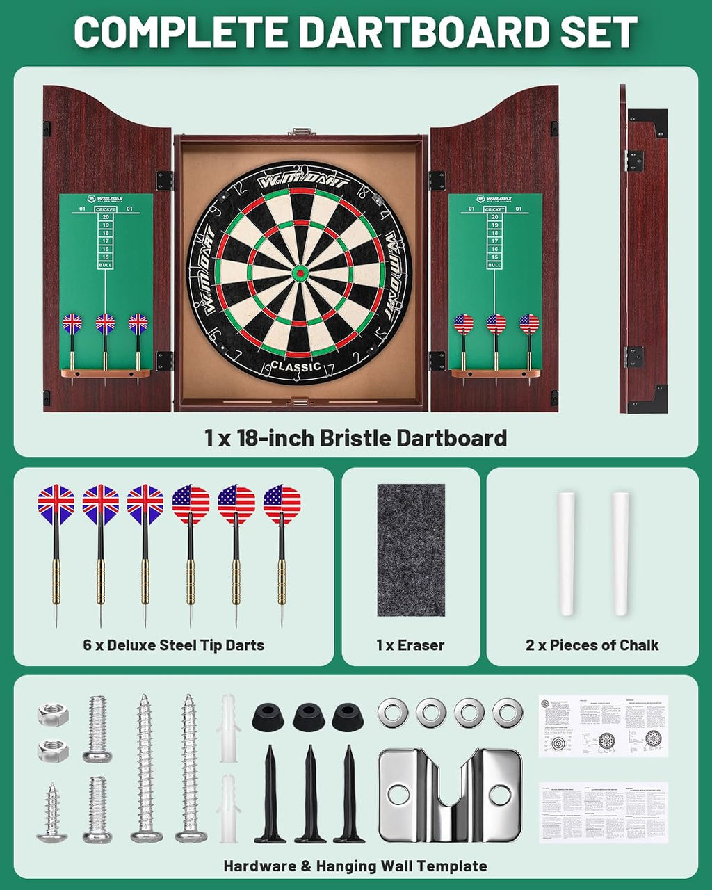 Dart Board Cabinet Set for Adults, 18-inch Dartboard with 6 Steel Tip Darts | Self‑Healing Fibers, Chalkboard Scoring, Rotating Number Ring, Regulation Size for Game Room, Man Cave and Home Bar, Brown