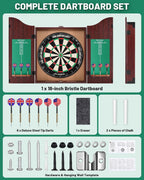 Dart Board Cabinet Set for Adults, 18-inch Dartboard with 6 Steel Tip Darts | Self‑Healing Fibers, Chalkboard Scoring, Rotating Number Ring, Regulation Size for Game Room, Man Cave and Home Bar, Brown