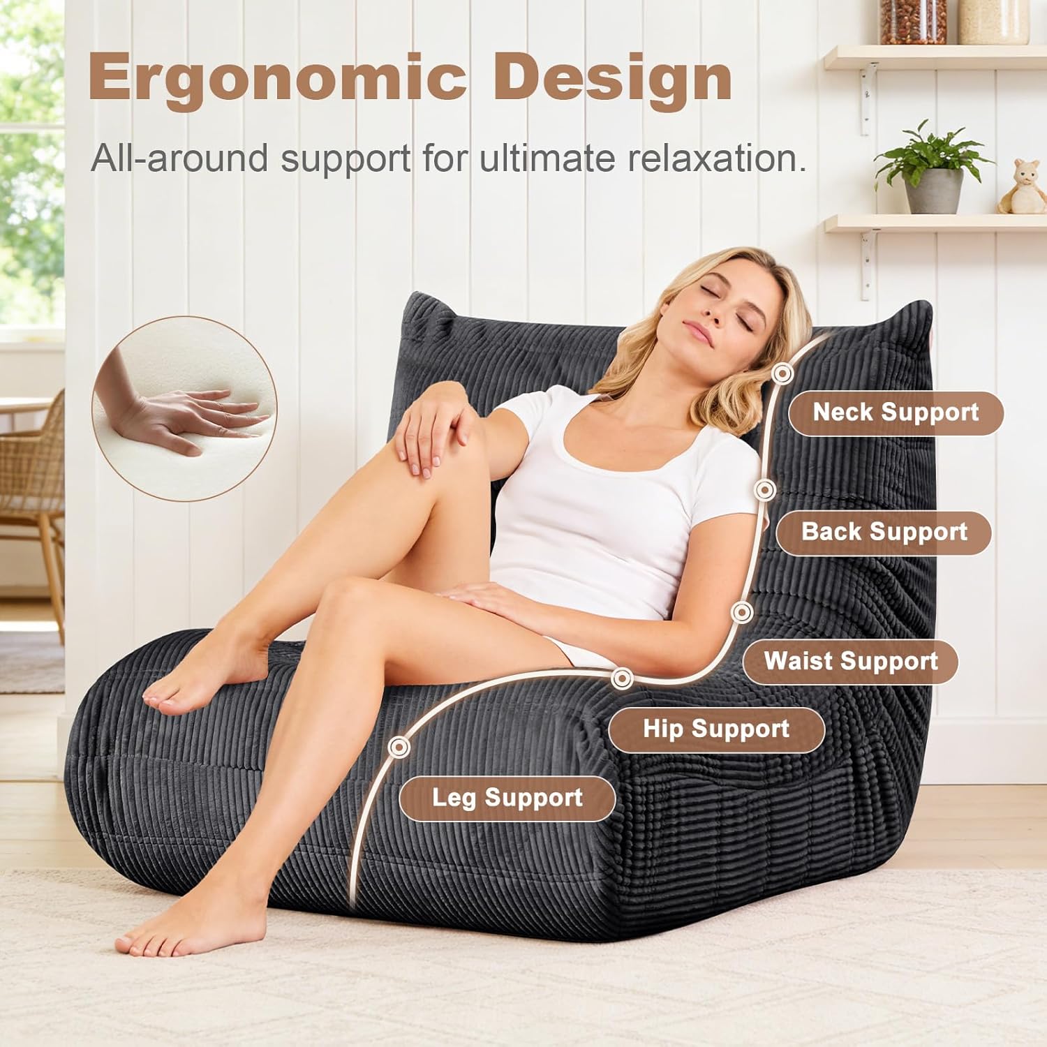 Giant Bean Bag Chair, Memory Foam Filled Oversized Corduroy Floor Sofa for Adults, High-Rebound Boneless Lazy Chair for Living Room, Bedroom, Reading & Gaming, Grey