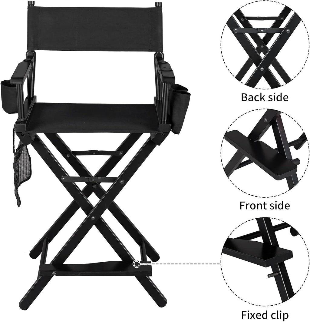 OmySalon 26" H Tall Directors Chair, Wooden Portable Folding Makeup Chair w/Storage Pouch & Footrest, Professional for Salon/Events/Mobile Services, 250lb Capacity, Black Canvas